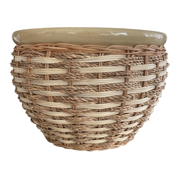 Large Rattan Round Plant Pot Beige Wicker Planter Indoor Ceramic Plant Pot - Picture 2 of 4